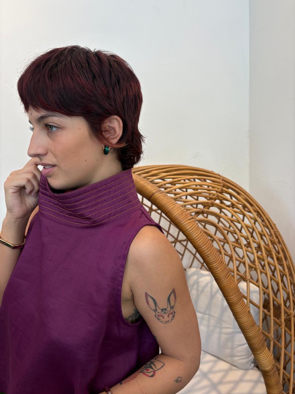 Blusa lino cuello pespuntes Fera