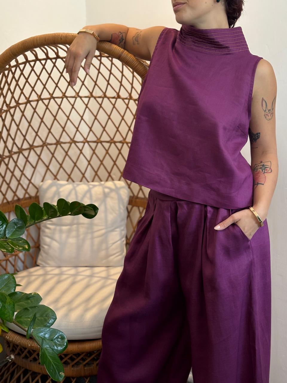Blusa lino cuello pespuntes Fera