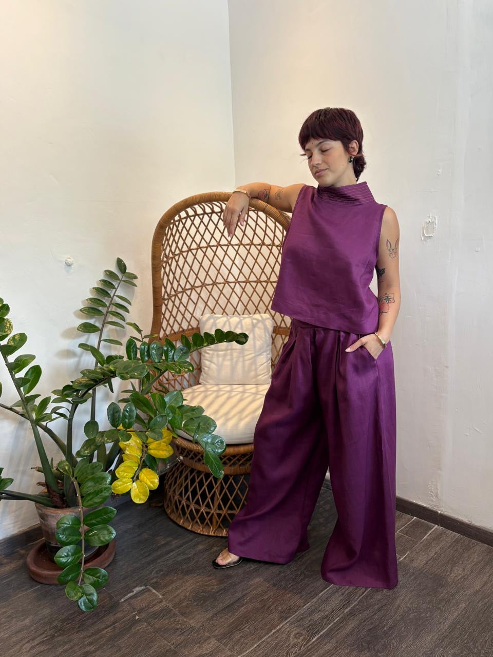 Blusa lino cuello pespuntes Fera