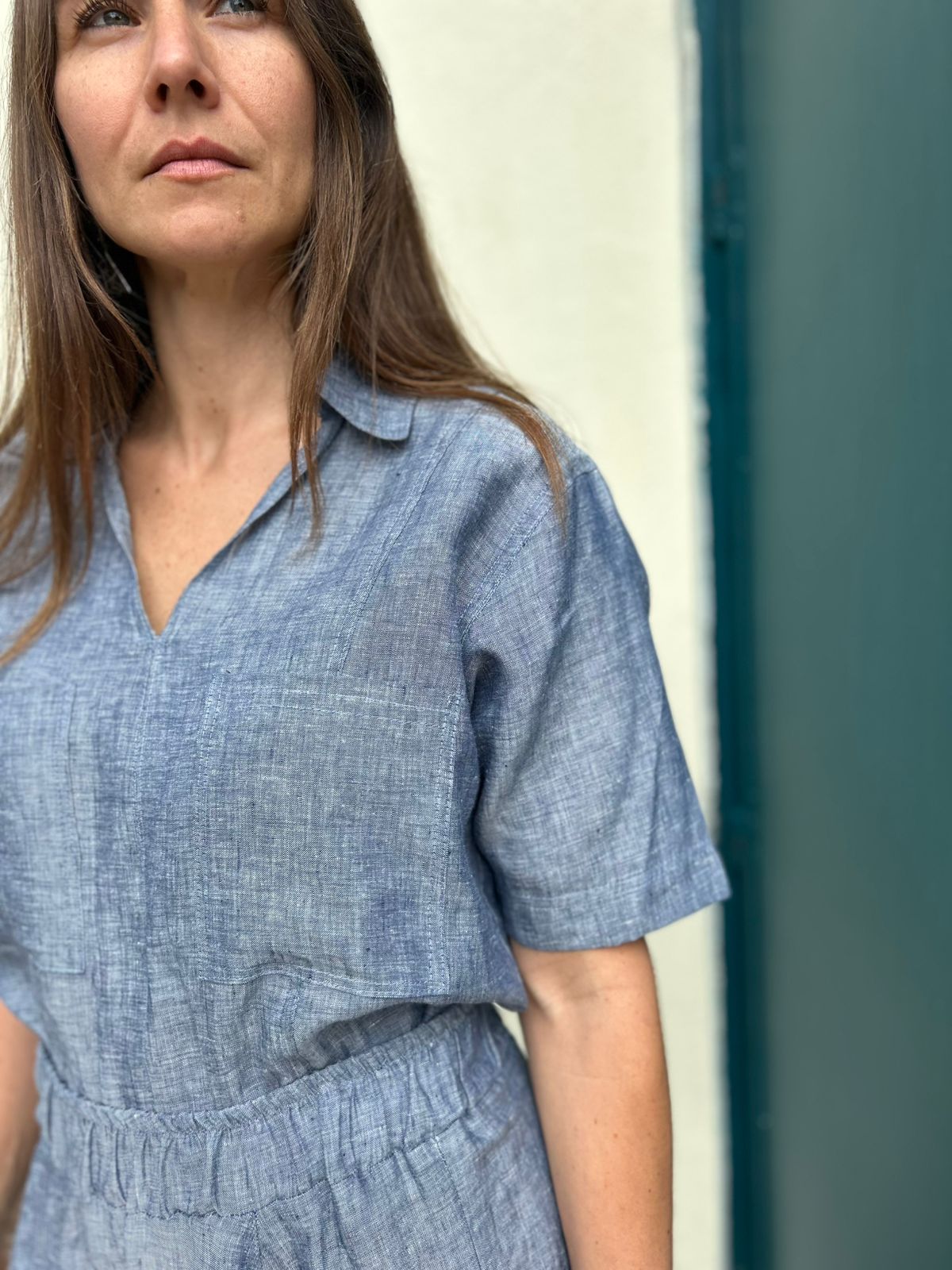 Blusa Mangas con bolsas y cuello en lino Aurora