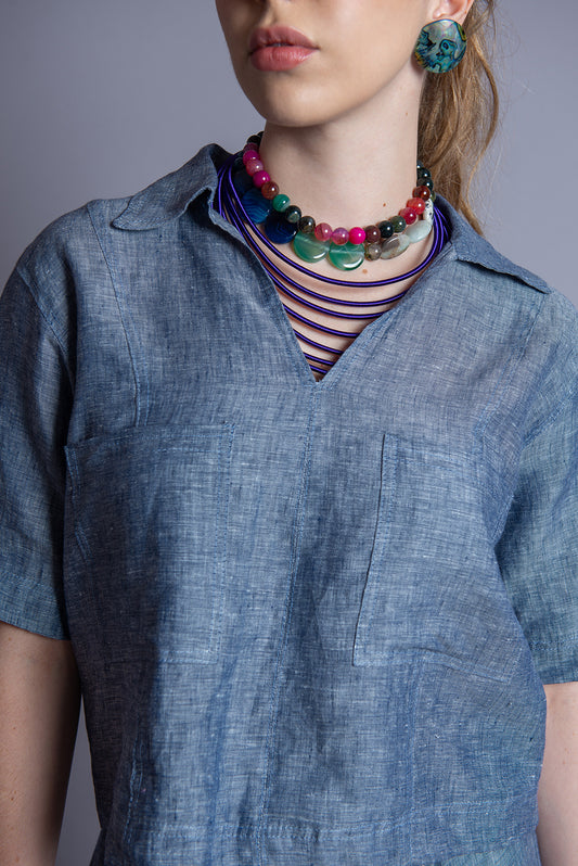 Blusa Mangas con bolsas y cuello en lino Aurora