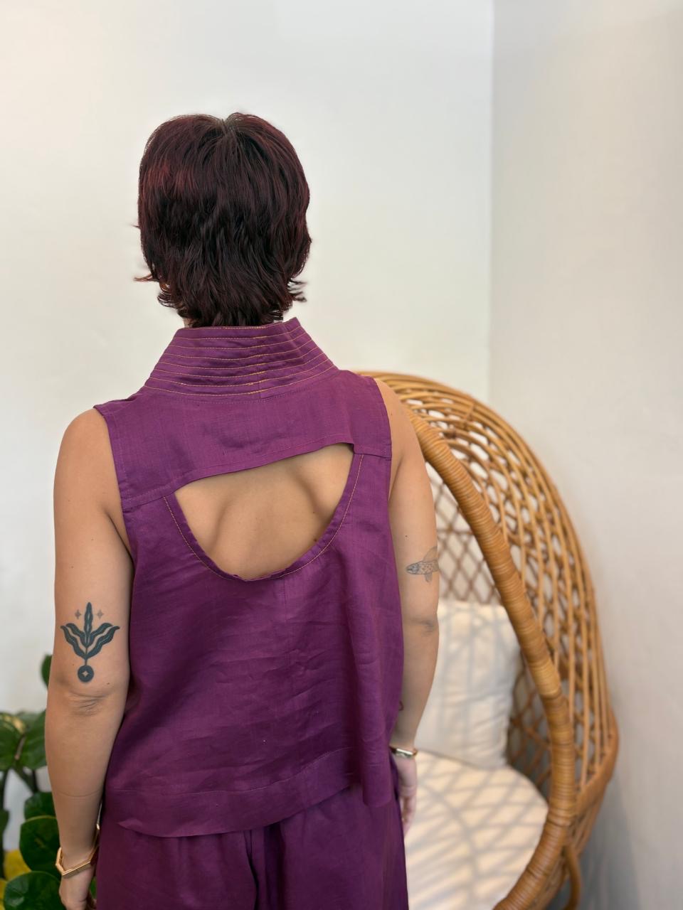 Blusa lino cuello pespuntes Fera