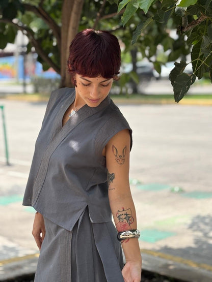 Blusa Cruzada Lino Pespuntes Gina