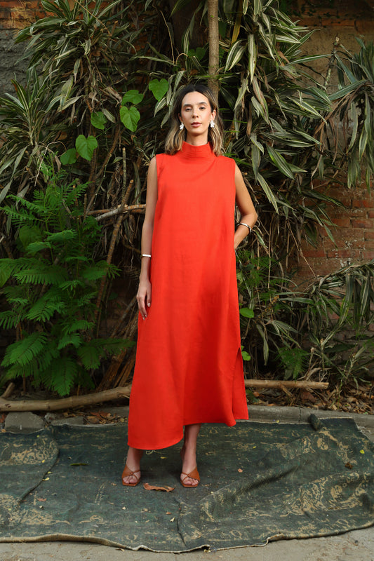 Vestido Cuello Pespunter Lino Alondra