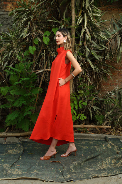 Vestido Cuello Pespunter Lino Alondra