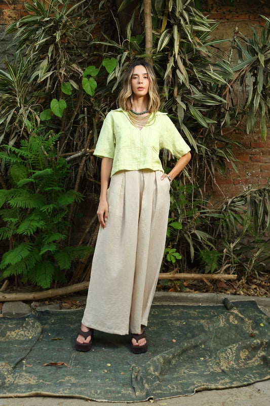 Blusa Mangas con bolsas y cuello en lino Aurora