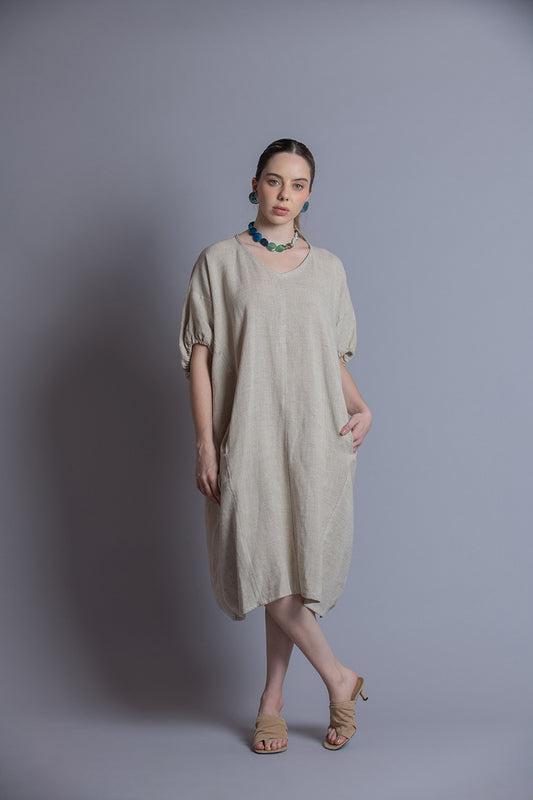 Vestido Amplio con resorte en mangas Lino Zuri